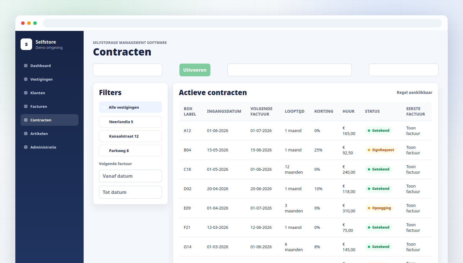 Fictieve contractenlijst met filters en contractstatussen